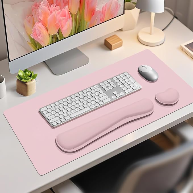Desk Mat Set, Wrist Rest for Computer Keyboard, 3-in-1 Large Mouse Pad and Keyboard Wrist Rest Set, Non-Slip Desk Mat Protector for Office, Home(27.5×13.8 Inches, Pink)