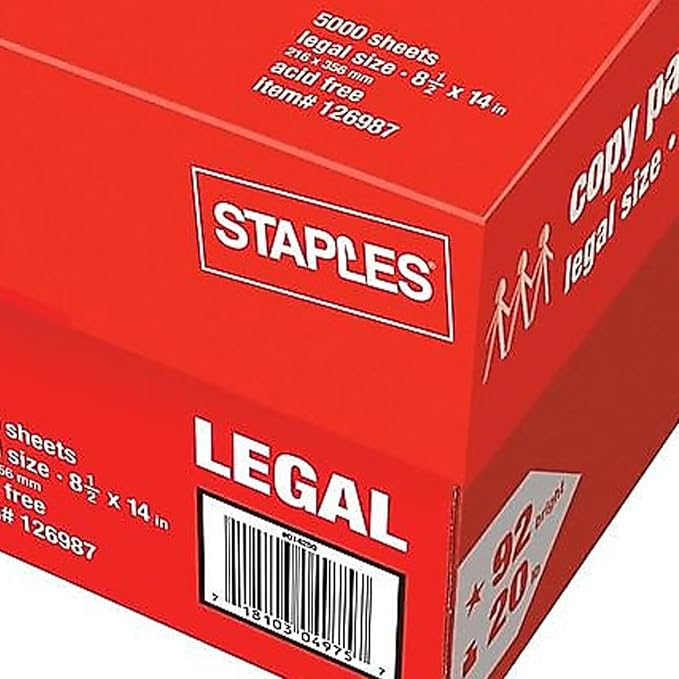 Staples Copy Paper, 8.5x14 Inch, 20 lb., 92 Brightness, 500/Ream, 10 Reams | Legal-size multipurpose paper for office, school & home printing and copying needs.