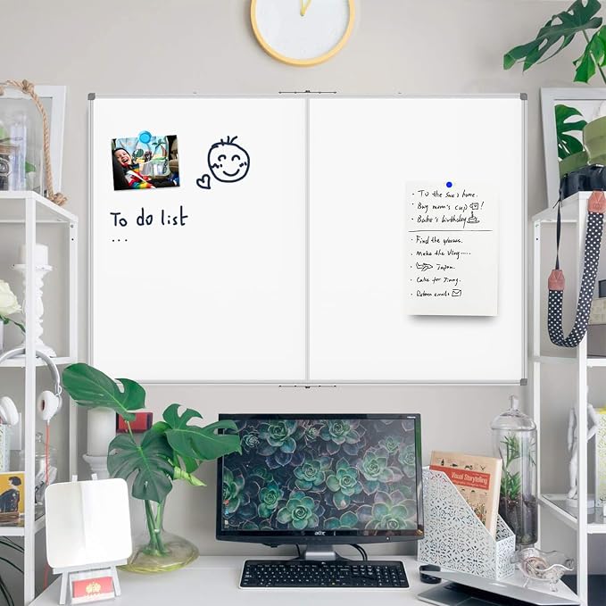 Magnetic Foldable White Board 48 x 36 Inches, Dry Erase Whiteboard, Silver Aluminum Frame with 2 Detachable Marker Tray Wall Mounted Board for Office Home and School