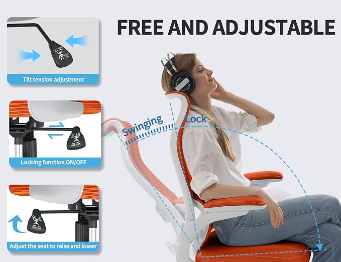 TRALT Office Chair Ergonomic Desk Chair - Gaming Chair with Lumbar Support | 330 LBS Home Office Desk Chairs , Reading Chair with Flip-up Armrests, Comfortable Computer Chairs (1, Orange)