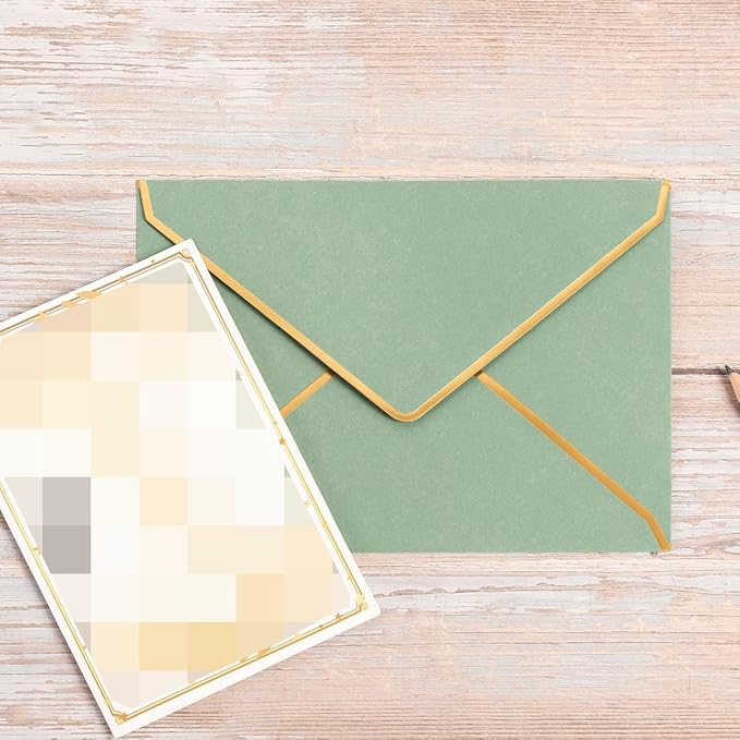 50 Pack A6 Envelopes Sage Green 4x6 with Gold Border, 4.75x6.5 | Self-Adhesive, V Flap, For Wedding, Graduation, Baby Shower, Parties, Invitations