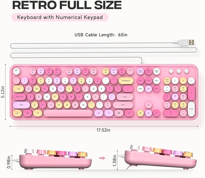 MOWUX Computer Keyboard Wired, Plug and Play USB Retro Round Typewriter Keyboard, Full Size Wired Keyboard with Foldable Stands for Laptop and Office PC- Pink Colorful