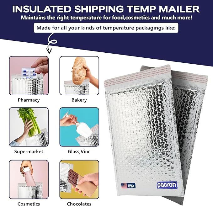 Waterproof Insulated Foil Thermal Bubble Mailers 6.5x11, 500-Pack | Ideal for cosmetics, supplements, skincare & small perishables. Tear-resistant metallic lining keeps items hot or cold.