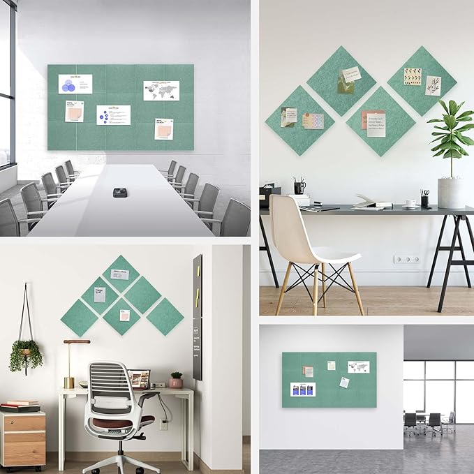 48" x 36" Large Felt Bulletin Board 1/2" Thick, Jade Green | 12 Pack Felt Tiles, Cork Board Alternative, 60 Adhesive Tabs, Pin Board for Home Office Decor with Easy Install