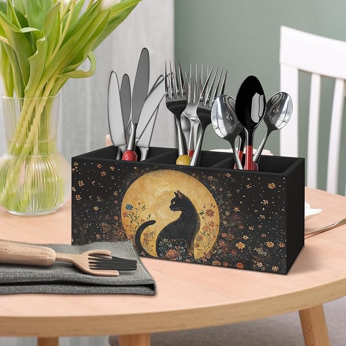 Witchy Black Cat Pen Holder for Home Office Desk, Cat Lover Gifts, Witchy Moonlight Floral Black Cats Makeup Brush Toothbrush Holder Organizer for Bathroom Desk Accessories