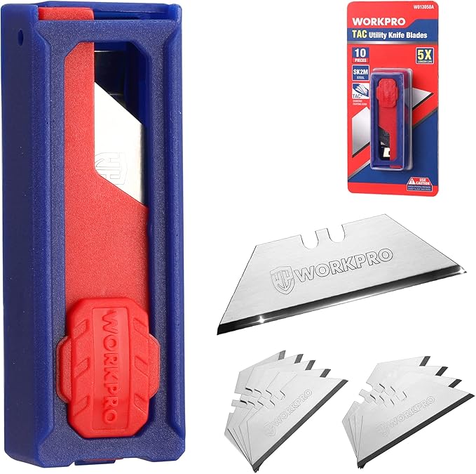 WORKPRO Premium Utility Knife Blades, TAC Diamond Coated SK2M, 10-Pack Utility Blades Replacement with Dispenser
