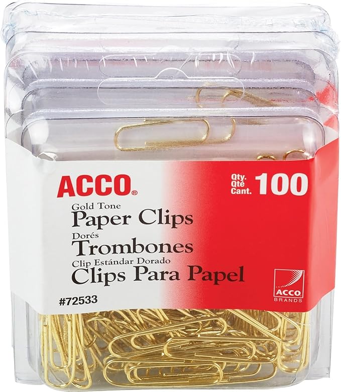 ACCO Gold Tone Clips, Smooth Finish, 2 Size, 100/Box, 4-Pack (400 Clips Total) (72554)