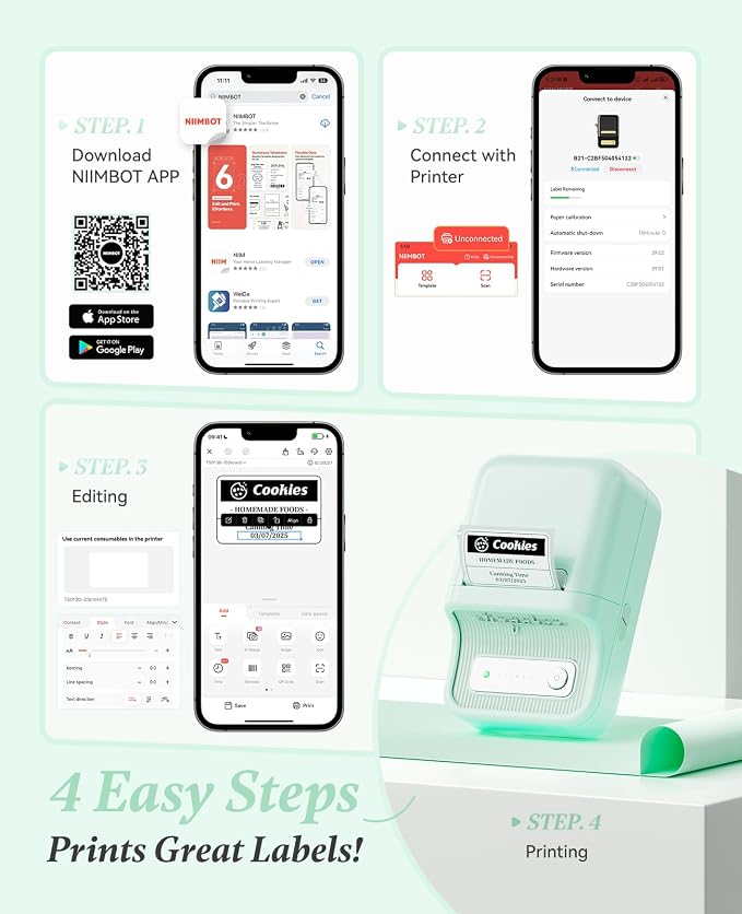 NIIMBOT B21 Label Maker, 2 Inch Portable Inkless Label Machine, Mint Green | Thermal Label Printer with 1 Pack 50x30mm White Label for Home/Office/Business, Compatible with iOS & Android