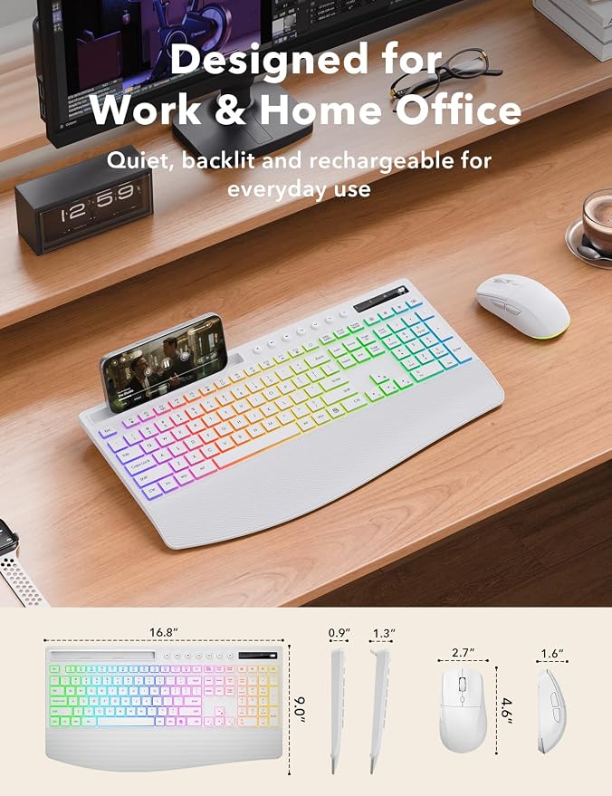 Trueque Wireless Keyboard and Mouse Combo, 4000mAh Battery, Wrist Rest | Rechargeable, 15 Backlit Effects, Full Size, Phone Holder, Quiet Typing, 2.4GHz Wireless, USB-A & C Connectivity for Windows