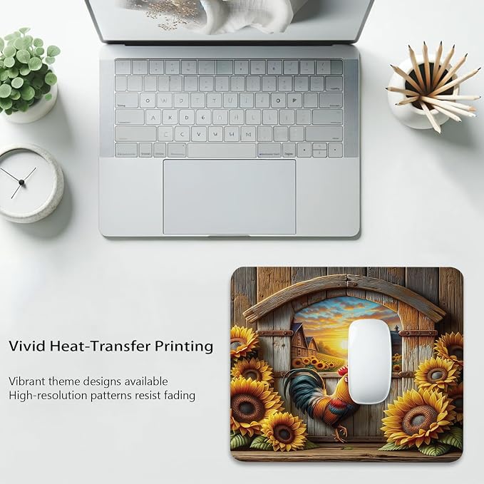 Rustic Farm Sunset with Rooster Mouse Pad, Blooming Sunflowers Desk Mat | Cute Mousepad Stitched, Anti-Slip Base Smooth Surface, 9.5 x 7.9 Inches