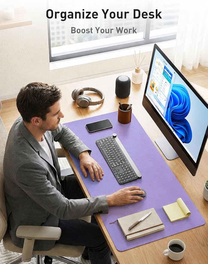 Aothia Faux Leather Desk Mat Mouse Pad, 42" x 17", Light Purple