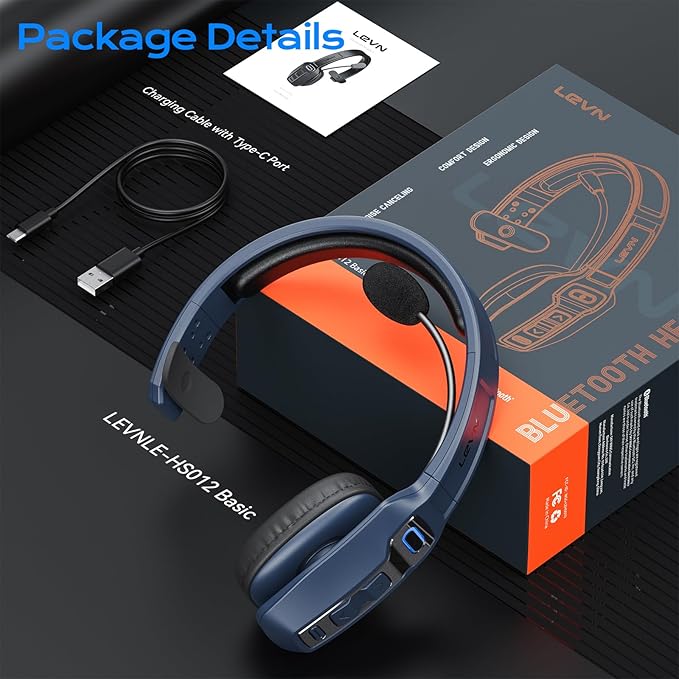 LEVN Bluetooth Headset with Microphone, Trucker Bluetooth Headset with AI Noise Cancelling & Mute Button, Wireless On-Ear Headphones 60 Hrs Working Time, for Trucker Home Office Remote Work Zoom