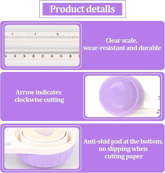 Circle Paper Cutters,Adjustable Rotary Circle Cutter,Circular Cardboard Circle Cutter with 3 Replaceable Blades, Trimmer Scrapbooking Tools,DIY Craft Cutting Tools Purple