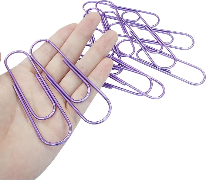 4 Inch Jumbo Paper Clips, Purple, 15Pcs | Coated Large Reusable Big Paperclips for Office, School, Home Document Organizing