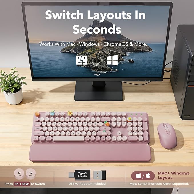 Wireless Keyboard and Mouse Combo, Full-Size Typewriter-Style Keyboard with Round Keycaps, Magnetic Wrist Rest, Tilt Legs, 2.4GHz Cordless for Mac, Windows PC, Laptop, SABLUTE CK23, Dusty Rose | Full-Size Retro Typewriter-Style Keyboard, Tilt Legs, Aut...