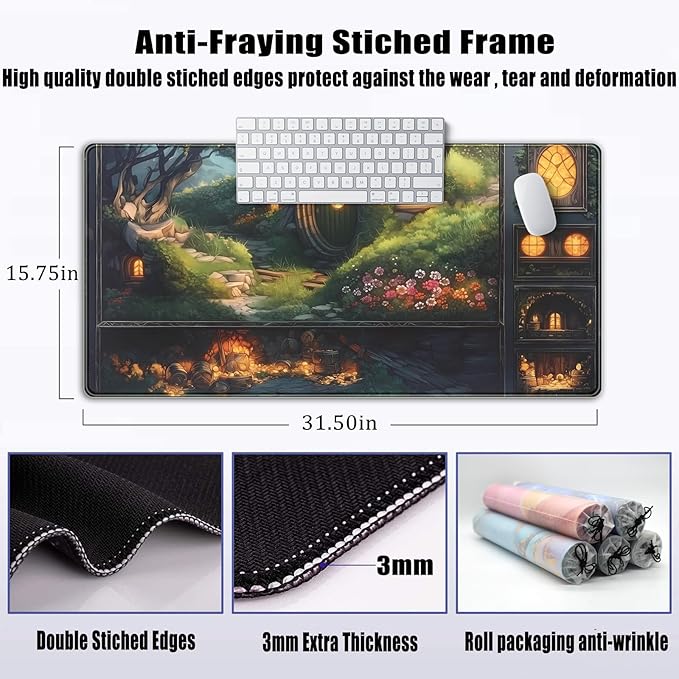 Cute Anime Large Gaming Mouse Pad Green Middle Earth Desk Mat Playmat Extended Mousepad XXL Desk Pad Computer Laptop Keyboard Pad Long Big Mouse Mat Office Decor Accessories 31.5x15.7 in