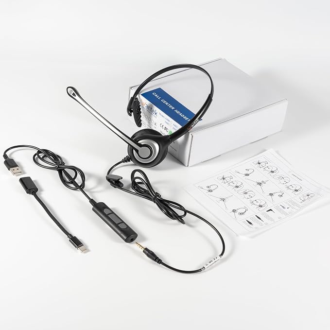 Wantek 3-in-1 USB/3.5mm/Type-C Headset with Noise Canceling Mic, Mono Computer Headphones with in-Line Controls for PC, Laptop, Office