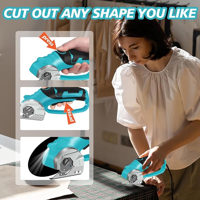 Cordless Electric Scissors, 4V Rechargeable Box Cutter & Cardboard Cutter with LED Light, Safety Lock - Rotary Cutter for Fabric, Leather, Plastic, Crafting, Sewing with Storage Box (Turquoise)