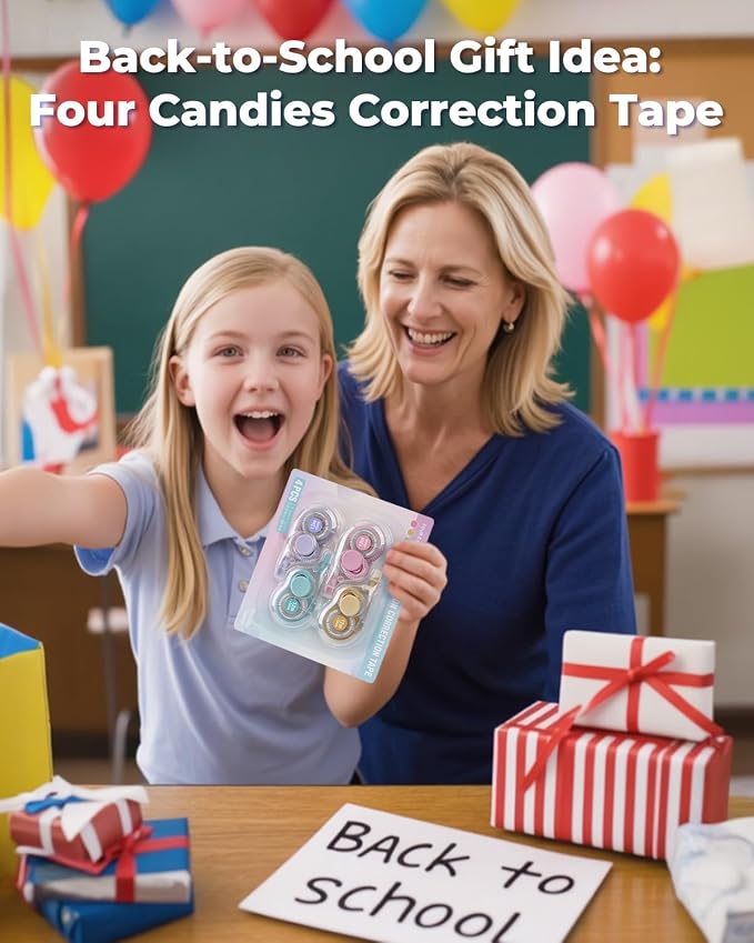 Four Candies White Correction Tape, 39.4 ft, 4 Pack Smooth Pull-Out Tape | Easy to Use Applicator for Instant Corrections, Tear-Resistant, Smooth & Quick-Drying Tape for Office & School Supplies
