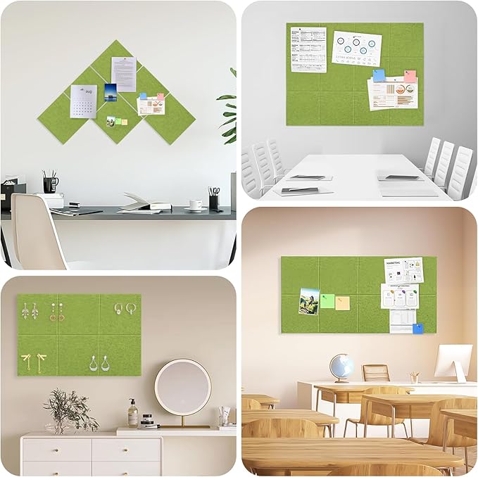 48" x 36" Large Felt Bulletin Board 1/2" Thick, Matcha Green | 12 Pack Felt Tiles, Cork Board Alternative, 60 Adhesive Tabs, Pin Board for Home Office Decor with Easy Install
