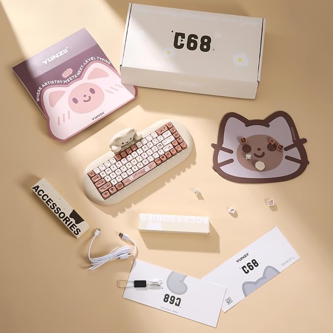 YUNZII C68 Silicone Cute Cat Mechanical Keyboard (Brown,Cocoa Cream Switch) | Wireless Triple Mode BT5.0/2.4G/Wired, RGB Backlit NKRO, Cute Cat Silicone Ergonomic Design for Win/Mac