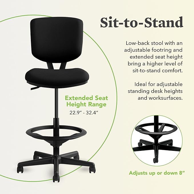 HON Volt Ergonomic Office Stool, Armless, Office Desk Computer Chair, Black | Ergonomic stool, desk chair with armless design, rolling mobility, office decor, workstation seating for productivity