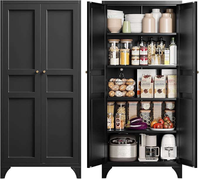 Metal Pantry Cabinet,Tall Kitchen Pantry Storage Cabinet with Doors and Adjustable Shelves - 61" Black Cupboard Cabinet for Kitchen, Living Room,Dining Room,Home