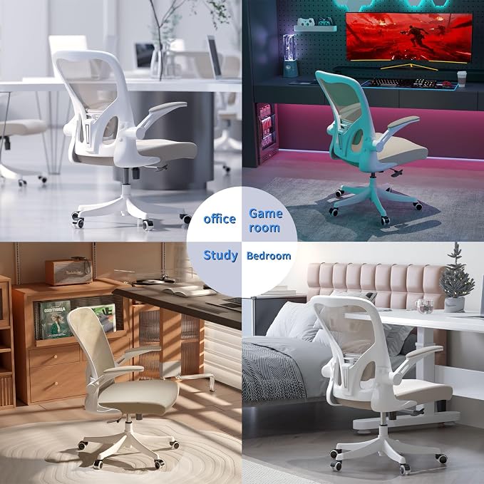 Monhey Ergonomic Office Desk Chair with Lumbar Support, High Back (Khaki) | 90°-125° Tilt Lock, 360° Swivel, Mute Wheels, High Back, Breathable Mesh, Foldable Armrests, Home Office Use