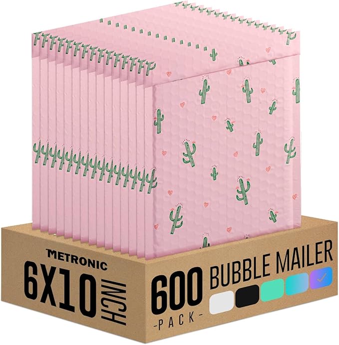 METRONIC 600 Pack Bubble Mailers 6x10 Inch Waterpoof Padded Envelopes Pink Bubble Mailers Usable Size 6x9, Mailing Envelopes Bubble Padded for Packaging, Shipping, Mailing, Cactus