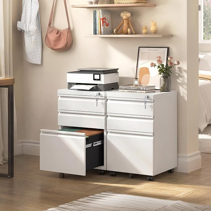 DEVAISE 3 Drawer Mobile File Cabinet, Fully Assembled Except Casters | Under Desk Metal Filing Cabinet with Lock for Home Office, Fits Letter/Legal/A4 Sizes, White