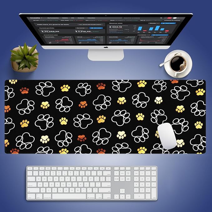 Gold White Pet Paw Large Mouse Pad, Cute Dog Cat Footprint Black Desk Mat | 31.5" x 11.8", Seamless Pattern for Pets Lover, XXL Gaming/Office Stitched Keyboard Mat, Smooth Surface Anti-Slip Base