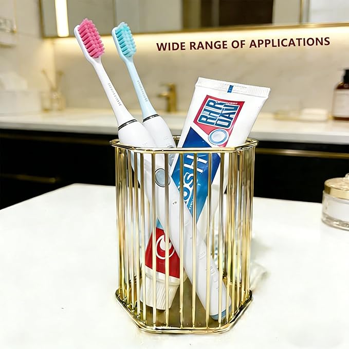 Gold Metal Pen Holder for Desk - Heavy Duty Makeup Brush Organizer Cup with, Pencil Holder for Office & Home, Storage for Stationery/Cosmetics/Art Supplies, Matte Finish, 4.8 Inch (Hexagon)