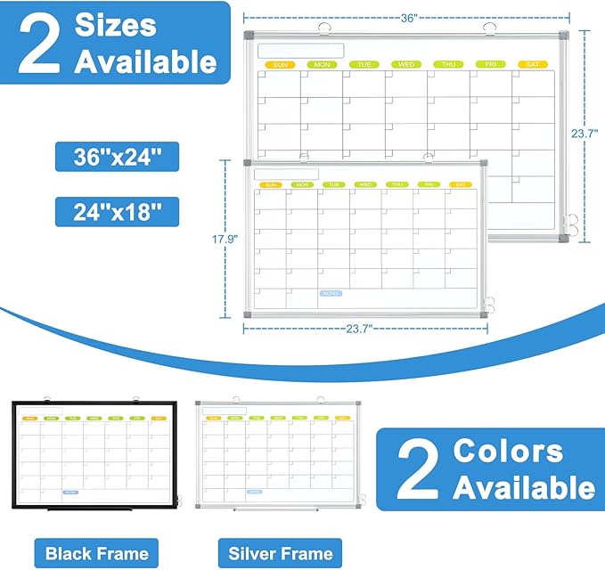 Dry Erase Calendar Whiteboard for Wall, 24" x 18" Monthly White Board | Double-Sided Magnetic, Silver Aluminum Frame, Hang Wall Mount, Portable Board for Home, Office, School