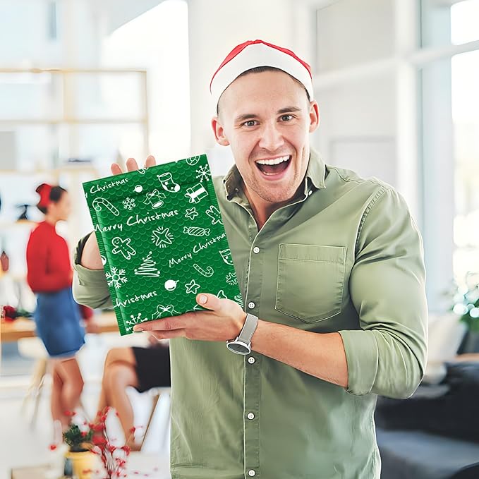 JinRuiKJ Christmas Bubble Mailers 4x8" 50 Pack, Padded Envelopes, Strong Adhesion Padded Mailers, Cushioning Padded Shipping Envelopes for Jewelry, Makeup - Green