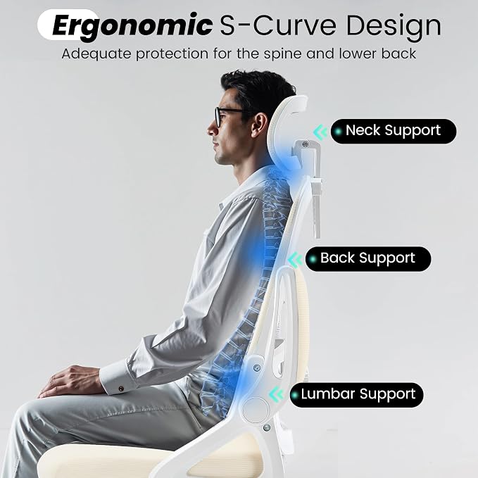 Fizzin Office Chair Mesh Computer Chairs with Adjustable Lumbar Support | Ergonomic Office Chair, Home Office Desk Chairs with Thickened Cushion and Headrest, Comfy Gaming Chair (Buff Beige)