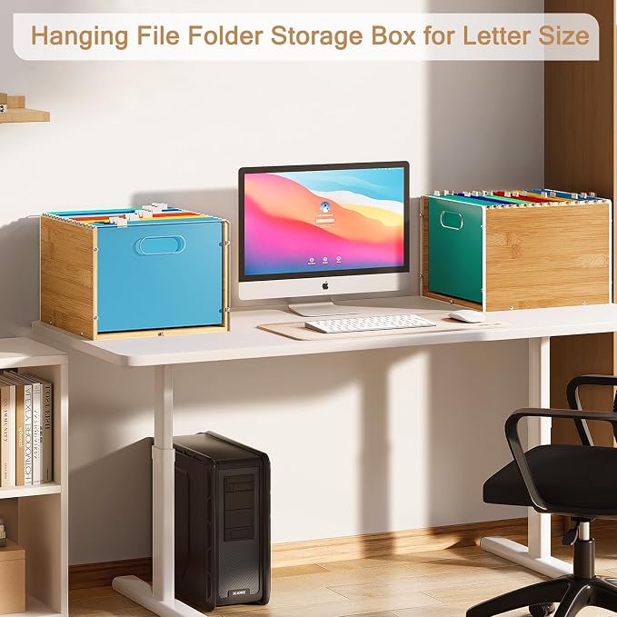Sbanmao Hanging File Organizer, Clear Acrylic File Box Organizer, Bamboo Filing Box File Crate Organizer Storage Boxes, Portable Filing Folder with Handle for Letter Size