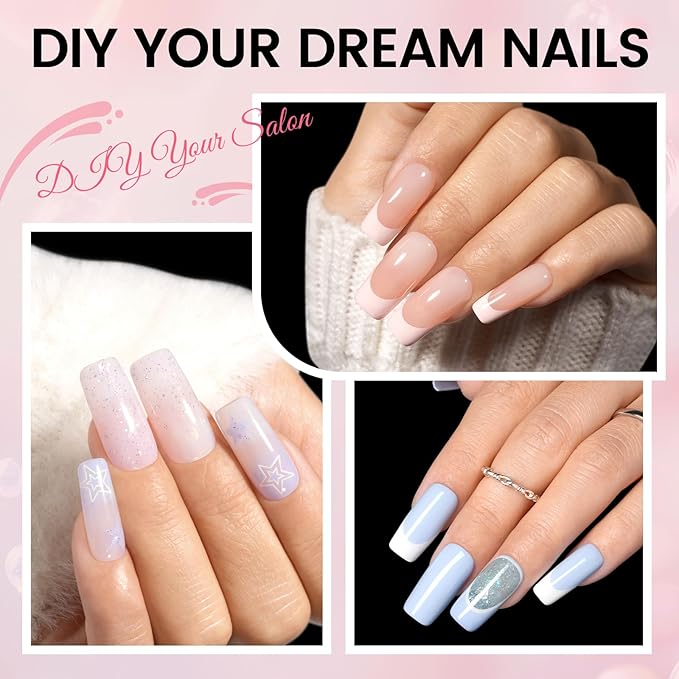 AILLSA Nail Extension Kit Medium Square Nail Tips 120pcs, Professional Glue Gel 30g for Fake Acrylic Nails, Nail Tips with Glue Kit with U V Lamp for Women Starters Home Salon