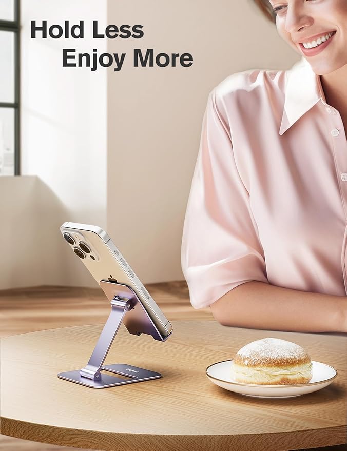 Nulaxy 2 Pack Aluminum Dual Folding Cell Phone Stand for Desk Purple&Purple | Height Angle Adjustable, Portable, Anti-Slip Base Phone Holder Fits 16mm Thick Case 4-8" Smartphone Desk Essential Accessory