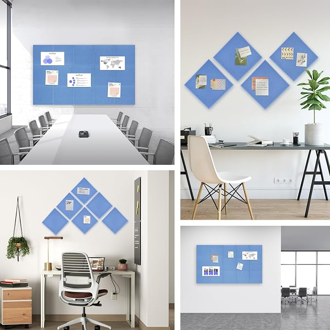 48" x 36" Large Felt Bulletin Board 1/2" Thick, Sky Blue | 12 Pack Felt Tiles, Cork Board Alternative, 60 Adhesive Tabs, Pin Board for Home Office Decor with Easy Install