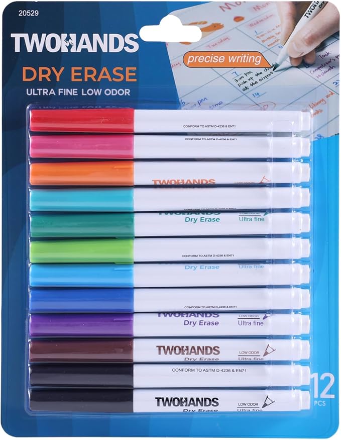 TWOHANDS Dry Erase Markers Ultra Fine Tip, Assorted Colors 0.7mm 12 Count | Extra Fine Point Low Odor, Thin Whiteboard Markers For Office, Home or Planning Whiteboard,20581