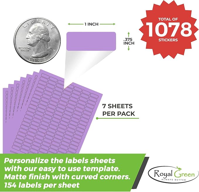 Printable Rectangle Labels, 1 x 0.375 Inch - 1078 Pack | Purple Printable labels for inkjet & laser printers. Template included.