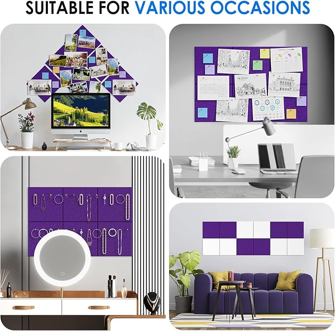 MaxGear Felt Bulletin Board 36" x 24", Violet Felt Wall Tiles Push Pins | Cork Board For Walls Alternative, 6 Pack 11.8" x 11.8" Wall Panels, Pin Board Custom Layout Design, Office Decor Home Decor