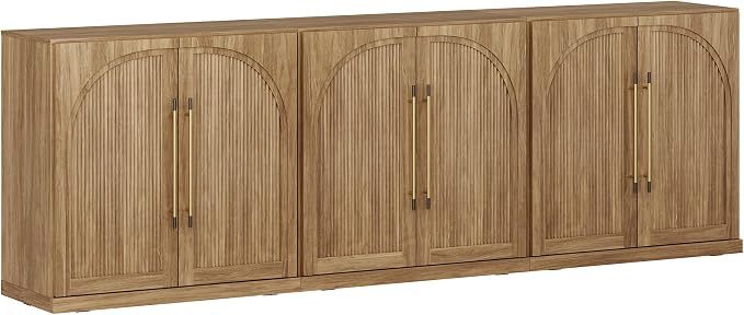 BELLEZE 3 Tier Bookshelf with Double-Arc Door, Set of 3 Modern Bookcase Shelf with Storage and Adjustable Shelves, 97'' Arched Buffet Wood Bookshelves for Living Room Office Entryway (Camel)
