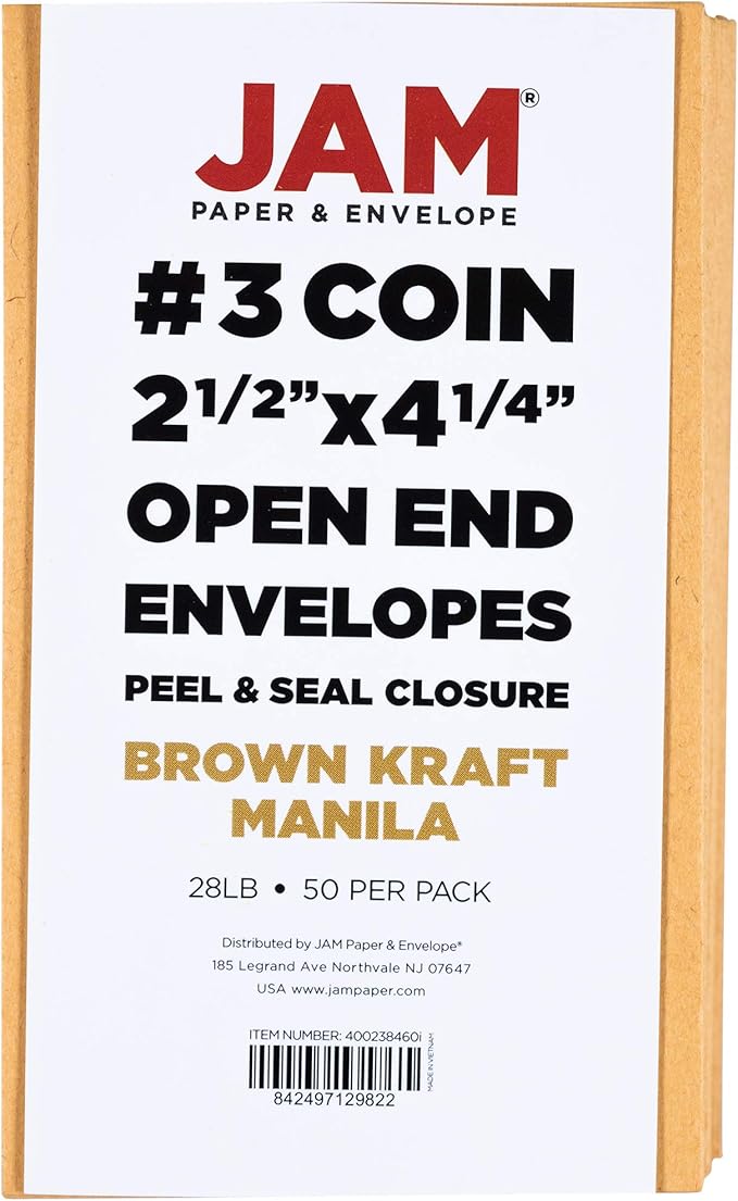 JAM PAPER #3 Coin Business Commercial Envelopes with Peel and Seal Closure - 2 1/2 x 4 1/4 - Brown Kraft Manila - 50/Pack