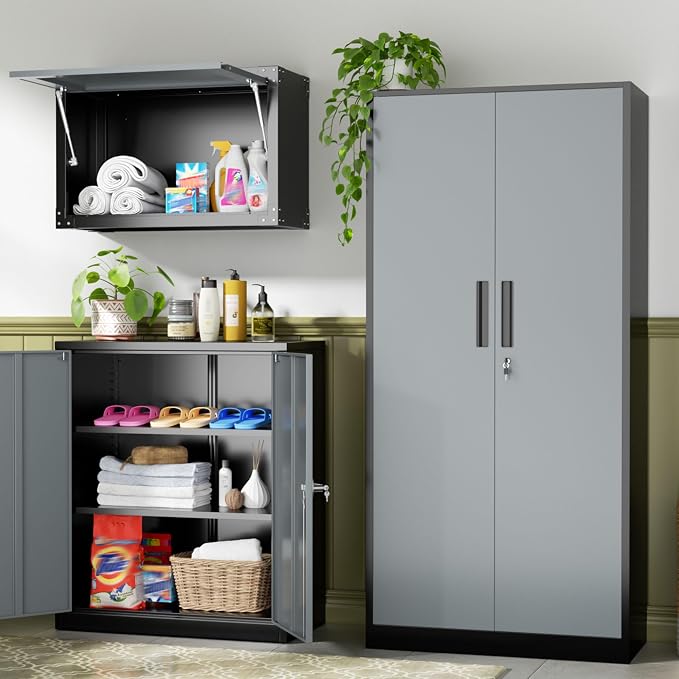 Metal Storage Cabinet, 72" Locking Steel Cabinets with 2 Door and 4 Adjustable Shelves, Tall Metal Cabinet for Home Office, Garage, Warehouse,(Black+Grey)