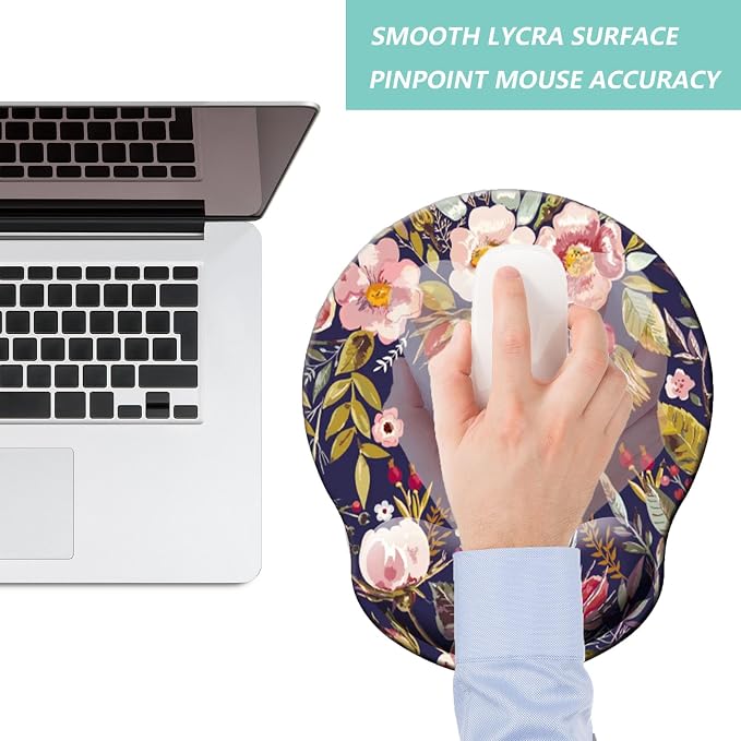 Mouse Pad with Wrist Support, Ergonomic Mouse Pad with Memory Foam Wrist Rest Cushion, Non-Slip Rubber Base Gaming Mice Pad for Home Office Computer Laptop, Flower Wreath