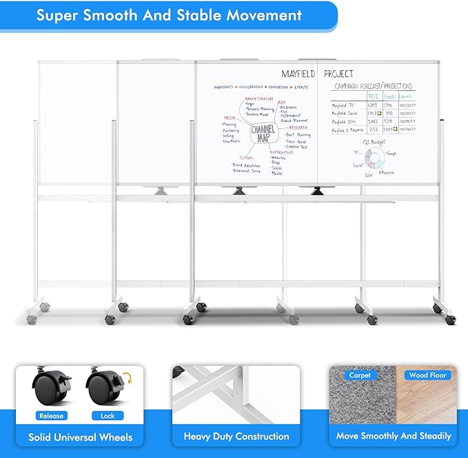 Maxtek Rolling Whiteboard 72 x 40 in, Large Double-Sided Magnetic Standing | Mobile White Board on Wheels Dry Erase Board, Portable Giant Writing Surface for Office, School, Home Office, and Homeschool