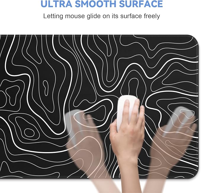 Mouse Pad Gaming Mousepad 31.5 x 11.8in Large Mouse Pad for Keyboard and Mouse with Anti-Slip Rubber Base, Keyboard Pad XL Mouse Mat for Home and Office(Black with White Topographic Line)