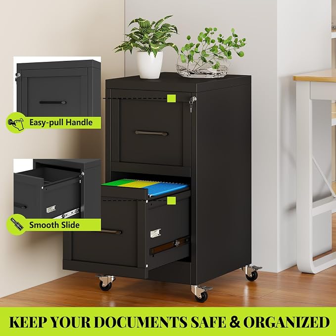 2-Drawer Rolling Metal File Cabinet with Lock, Narrow, Black | Mobile metal filing cabinet with casters; rails fit Letter, Legal and A4 folders, one lock secures both drawers