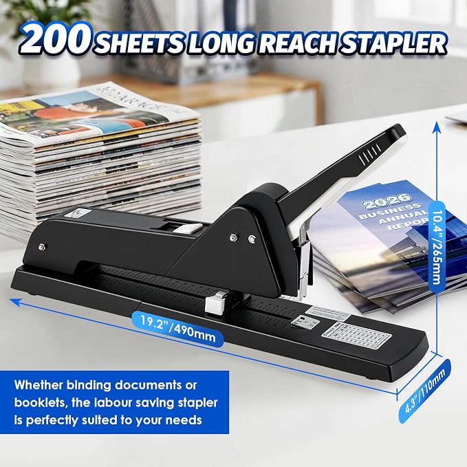 Heavy Duty Long Reach Stapler with 4000 Staples for Booklets | Frifreego Long Arm Stapler with 200 Sheets Capacity, 9.84" Adjustable Stapling Depth Suitable for Booklets & Office document